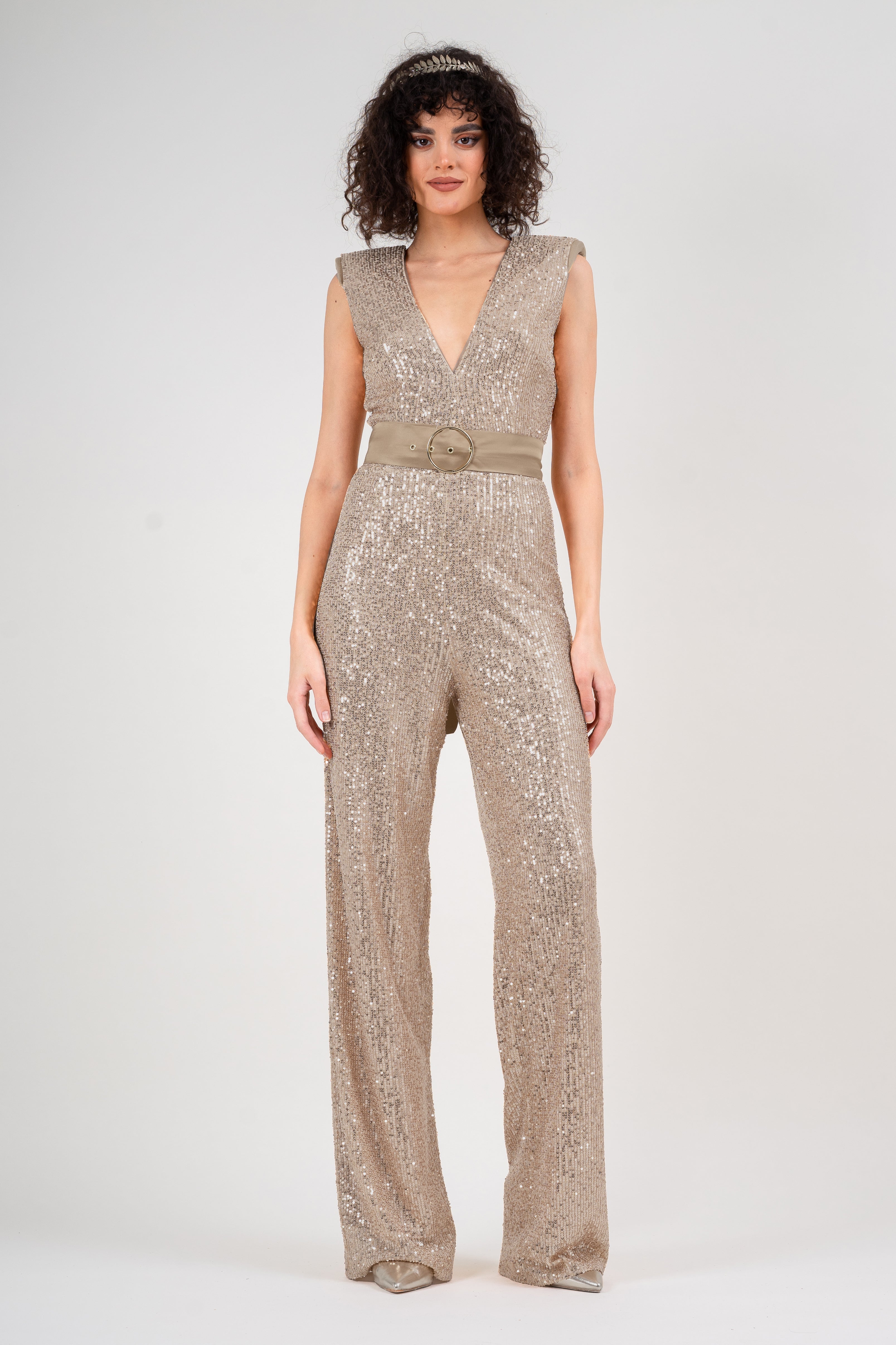 Sequin gold jumpsuit with padded shoulders