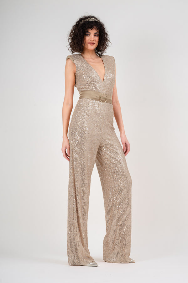 Sequin gold jumpsuit with padded shoulders
