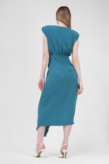 Turqouise Midi Dress With Draping And Pleats