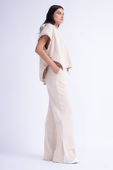 Beige Matching Set With Vest Hoodie And Wide Leg Trousers With Side Slit