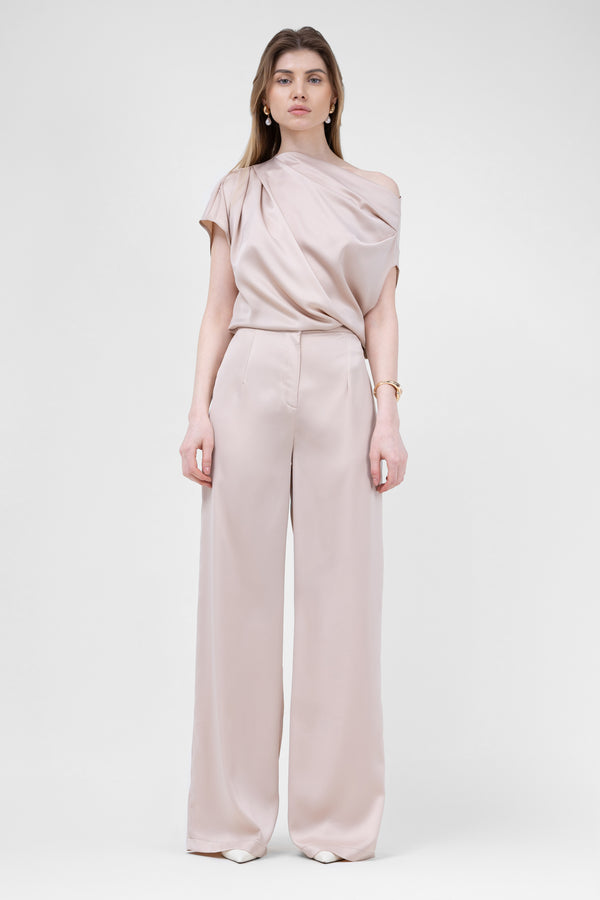 Beige Set With Asymmetrical Draped Top And Wide Leg Trousers