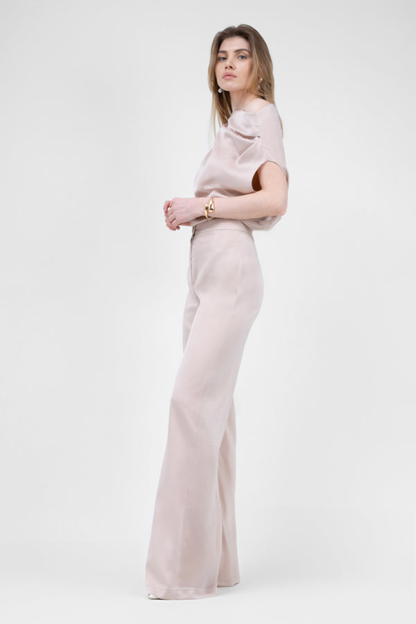 Beige Set With Asymmetrical Draped Top And Wide Leg Trousers
