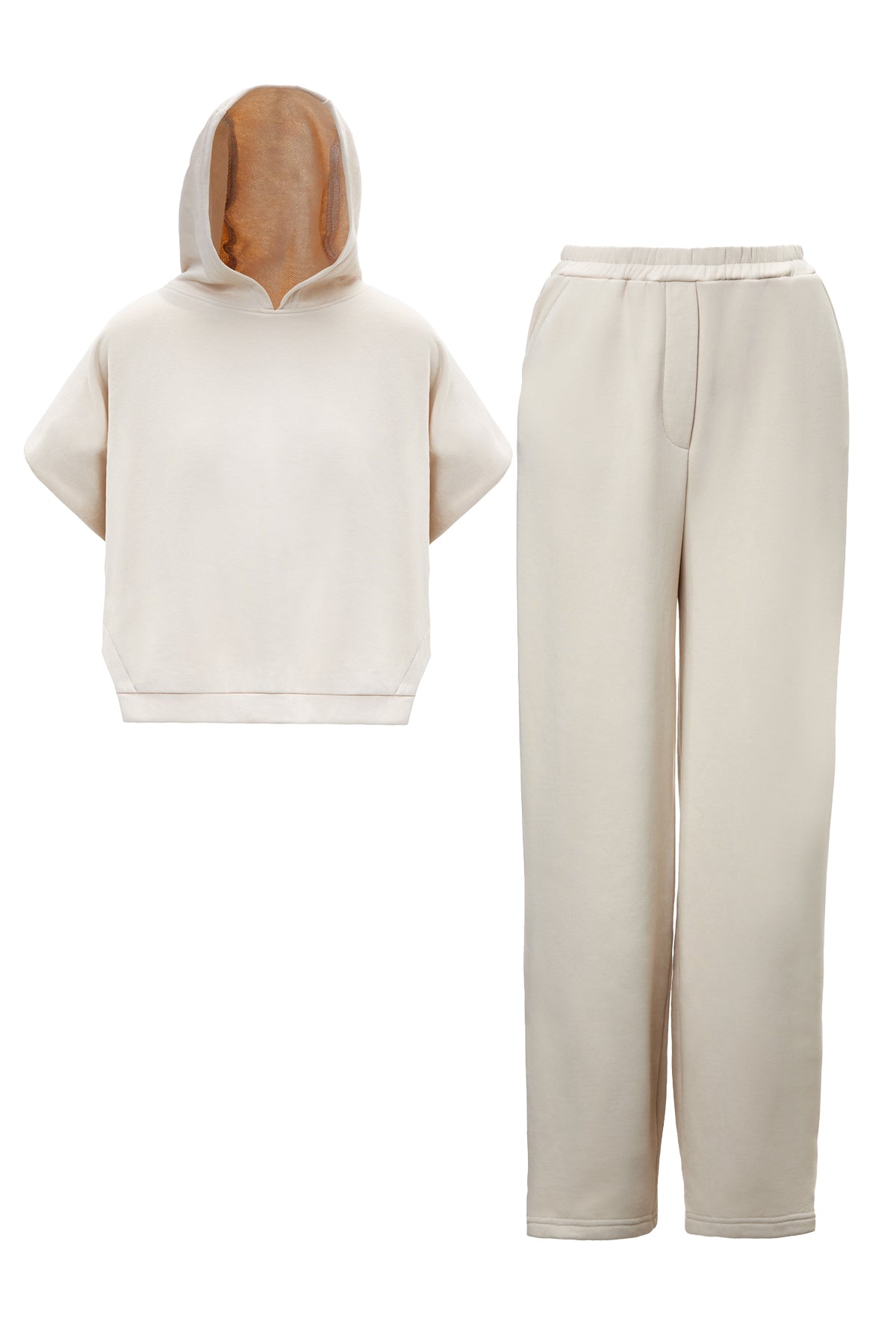 Set Bej cu Hanorac Tip Vesta si Pantaloni Wide Leg cu Slituri Laterale