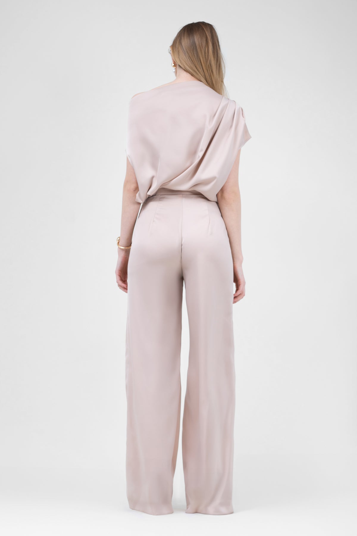 Beige Set With Asymmetrical Draped Top And Wide Leg Trousers