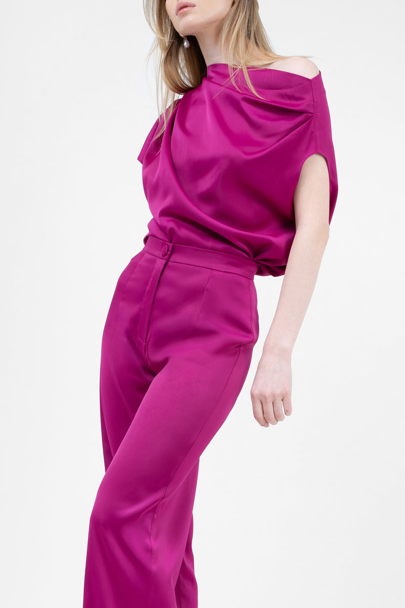 Fuchsia Set With Asymmetrical Draped Top And Wide Leg Trousers