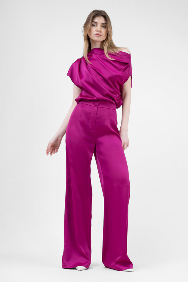 Fuchsia Set With Asymmetrical Draped Top And Wide Leg Trousers
