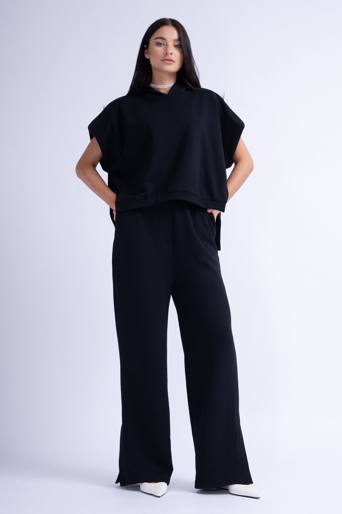 Black Matching Set With Vest Hoodie And Wide Leg Trousers Wide Side Slit
