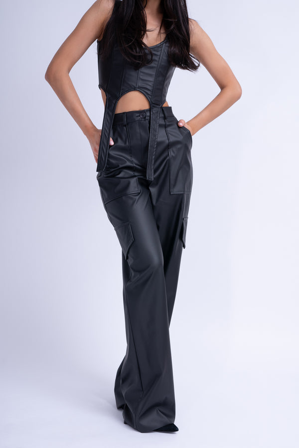 Black Leather Matching Set With Wide Leg Trousers and Corset Top