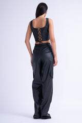 Black Leather Matching Set With Wide Leg Trousers and Corset Top