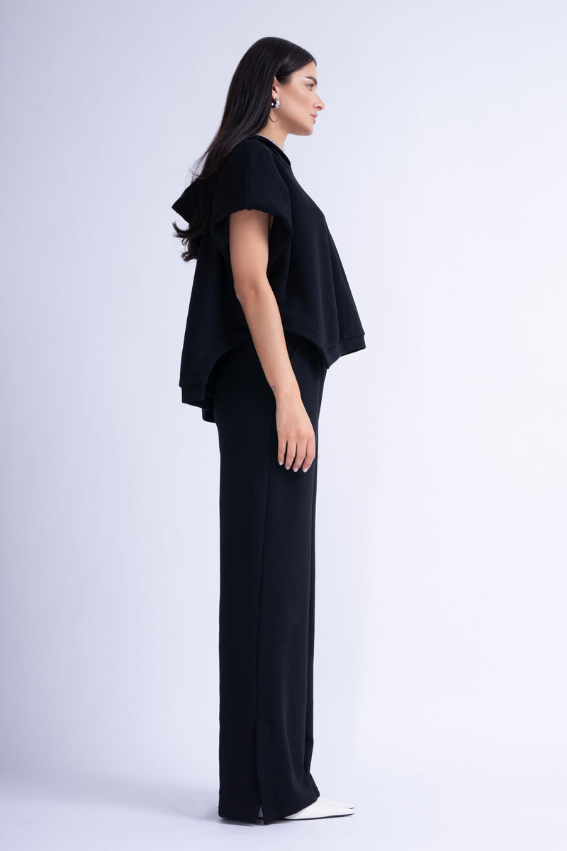 Black Matching Set With Vest Hoodie And Wide Leg Trousers Wide Side Slit