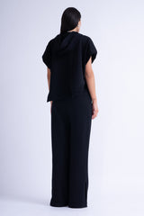 Black Matching Set With Vest Hoodie And Wide Leg Trousers Wide Side Slit