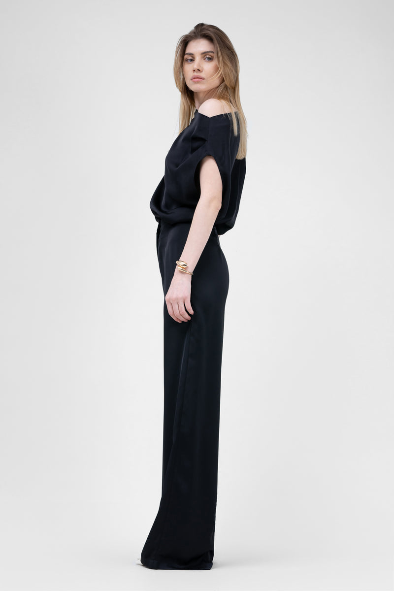 Black Set With Asymmetrical Draped Top And Wide Leg Trousers