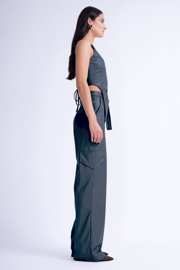Olive Leather Wide Leg Trousers With Pockets