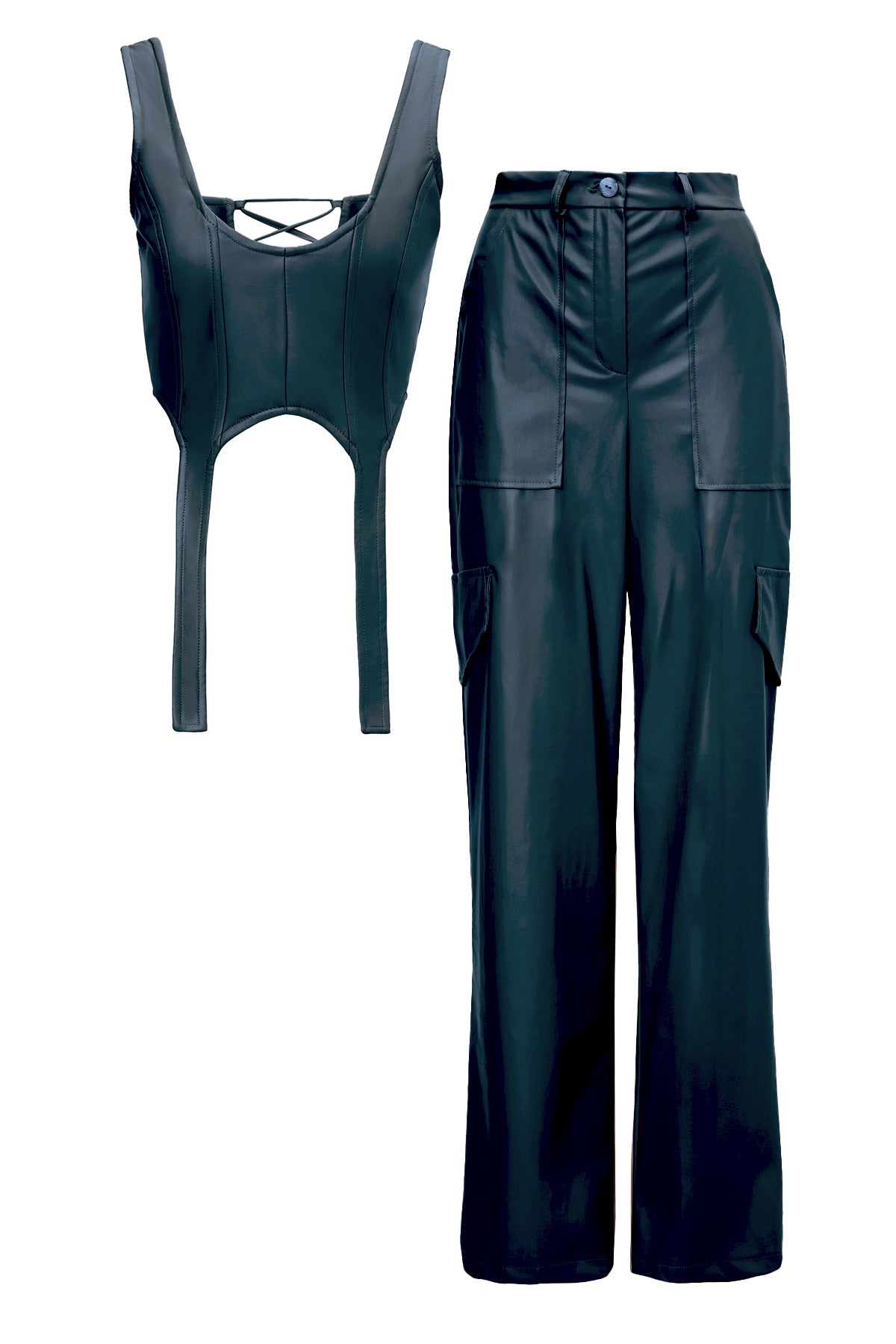 Set Olive din Piele cu Pantaloni Wide Leg si Corset