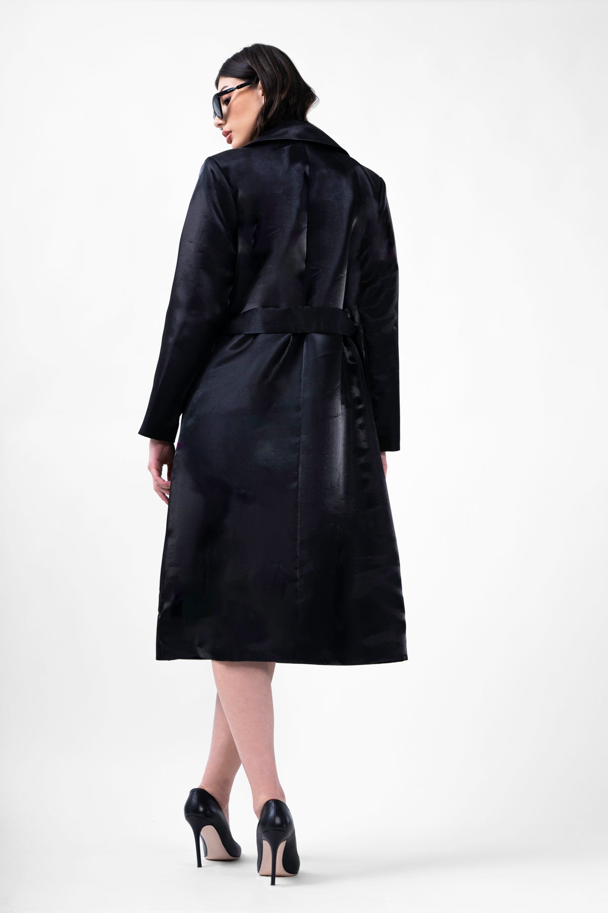 Metallic Black Straight Overcoat With Belt