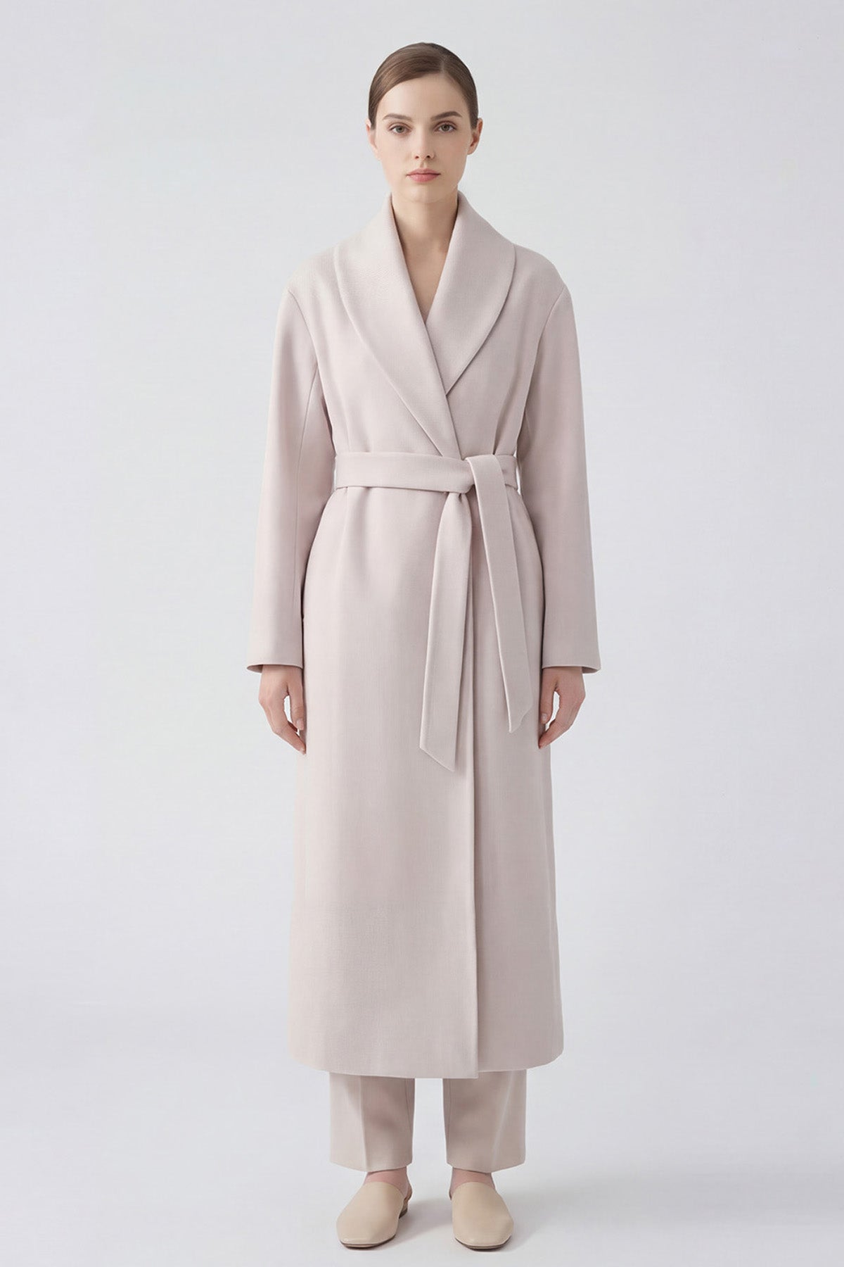 Palton lung cu revere rotunjite din amestec de lână - culoare taupe