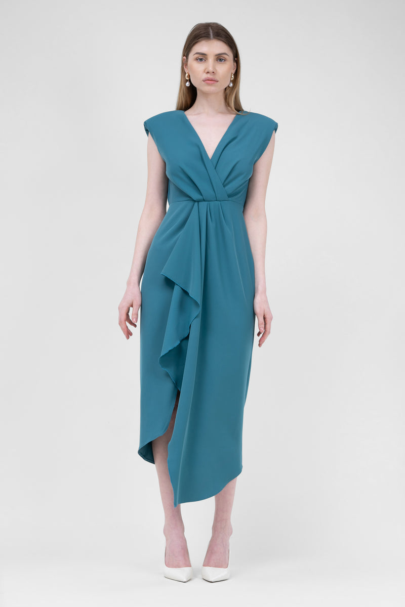 Turqouise Midi Dress With Draping And Pleats