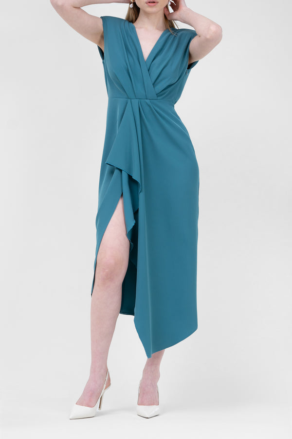 Turqouise Midi Dress With Draping And Pleats