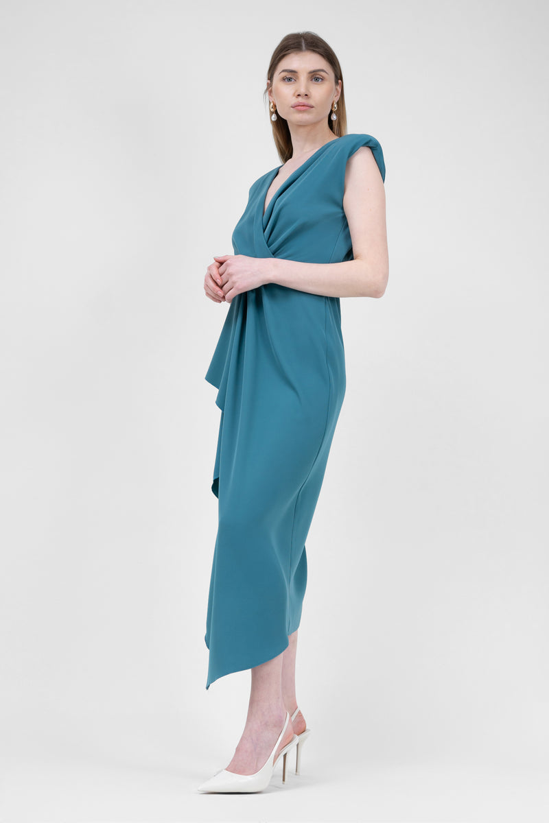 Turqouise Midi Dress With Draping And Pleats