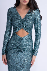 Turquoise Sequin Midi Dress With Cut-Out And Gathered Detailing