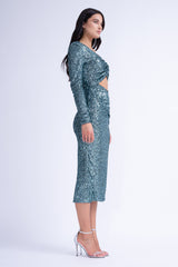 Turquoise Sequin Midi Dress With Cut-Out And Gathered Detailing