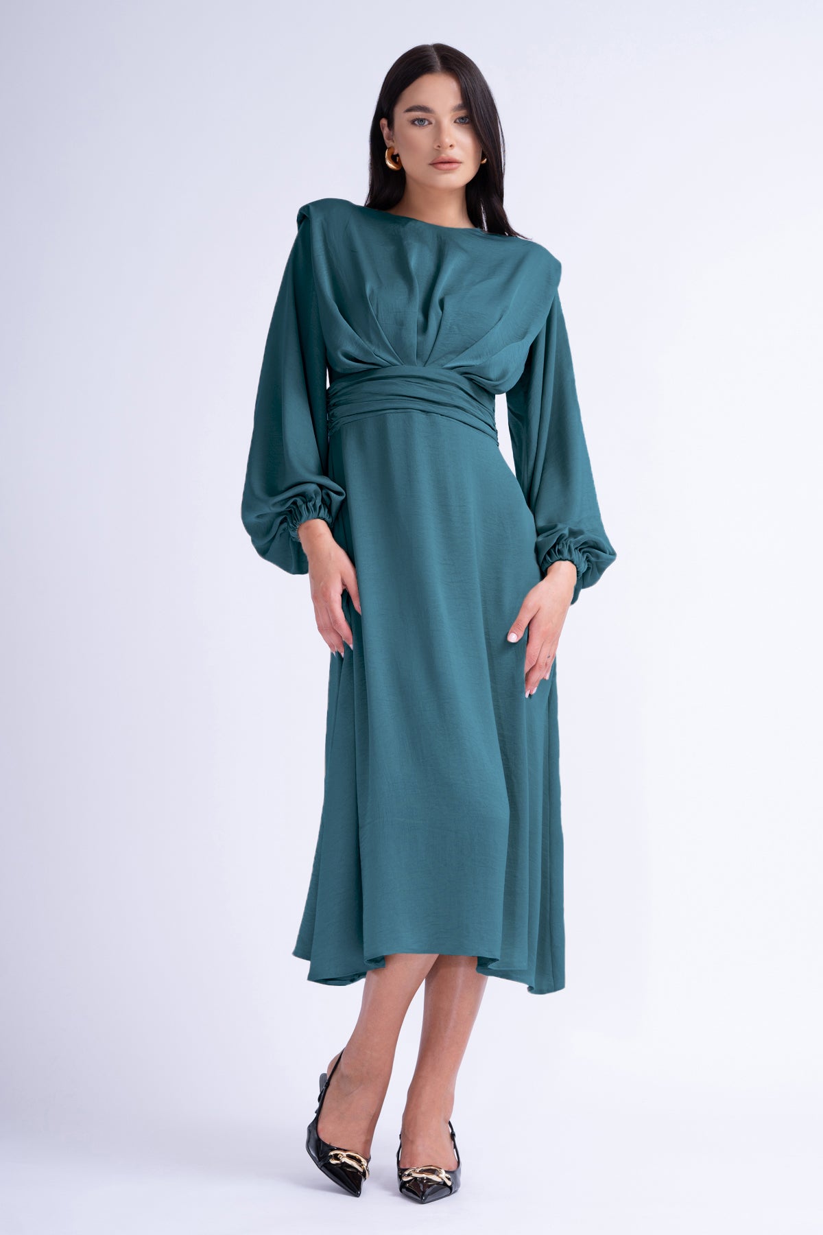 Turquoise Midi Dress With Shoulder Pads Detail And Pleats