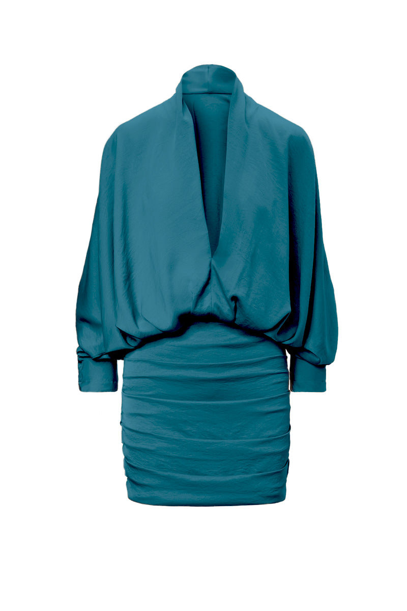 Turquoise Mini Dress With Draping Detailing And Wide Sleeves