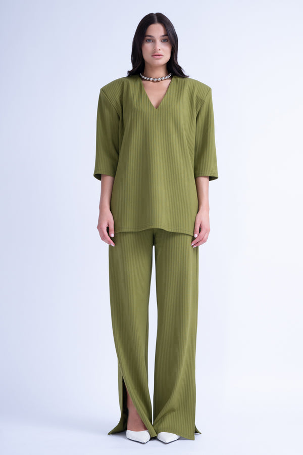 Ribbed Khaki Matching Set With Blouse And Trousers With Slit