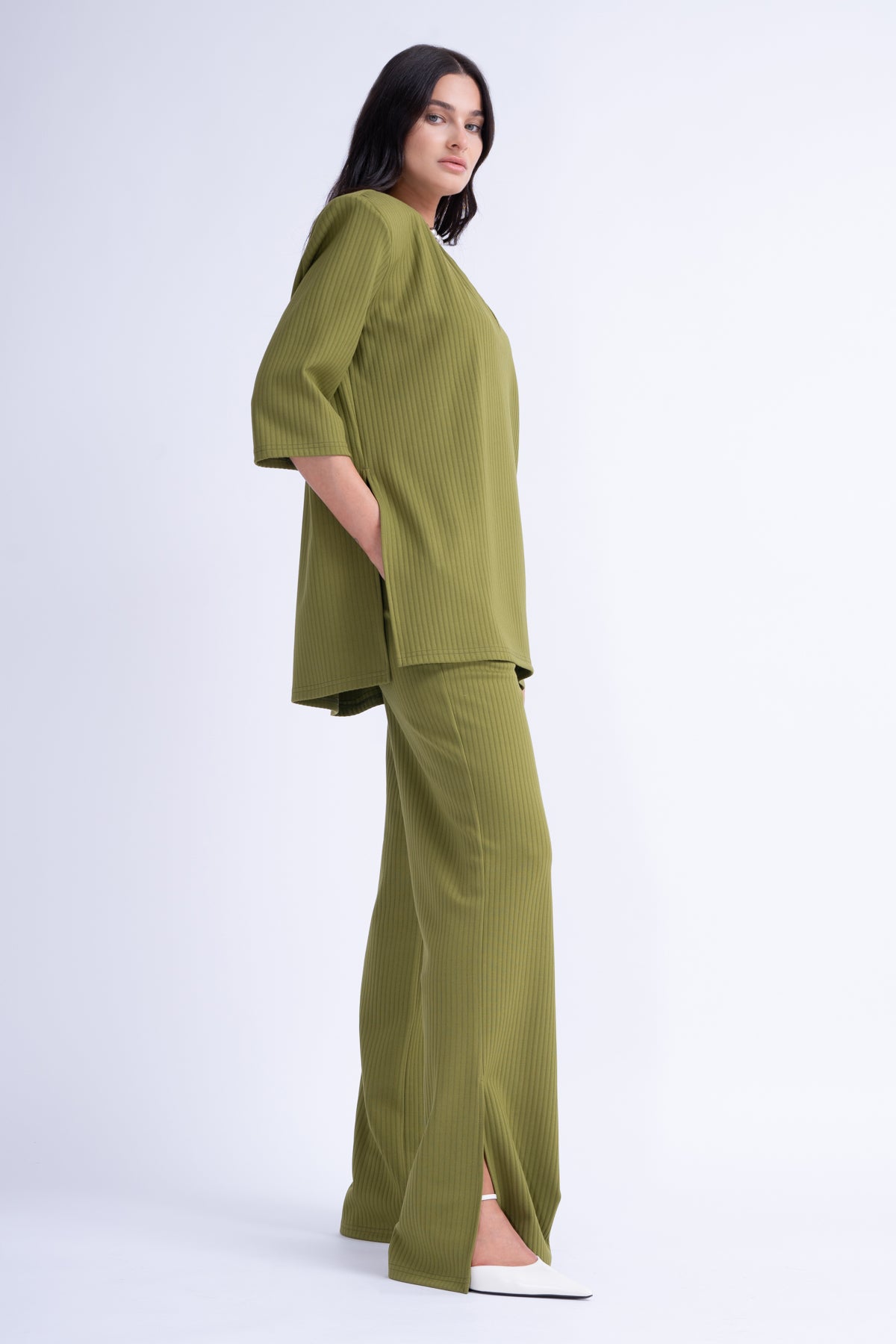 Ribbed Khaki Matching Set With Blouse And Trousers With Slit