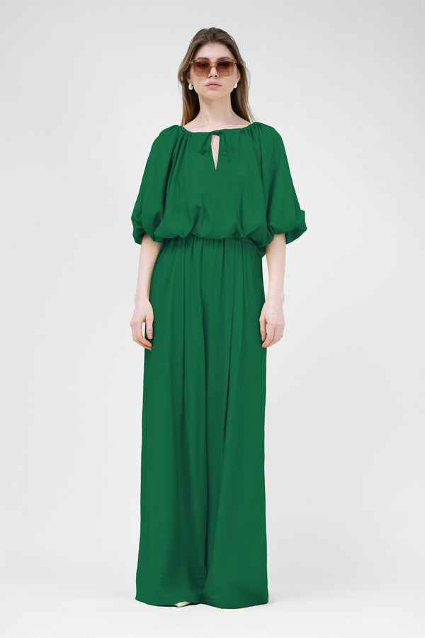 Green Linen matching set with flowy blouse and wide leg trousers