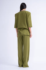 Ribbed Khaki Matching Set With Blouse And Trousers With Slit