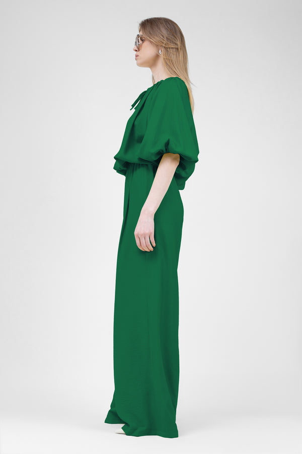 Green Linen matching set with flowy blouse and wide leg trousers