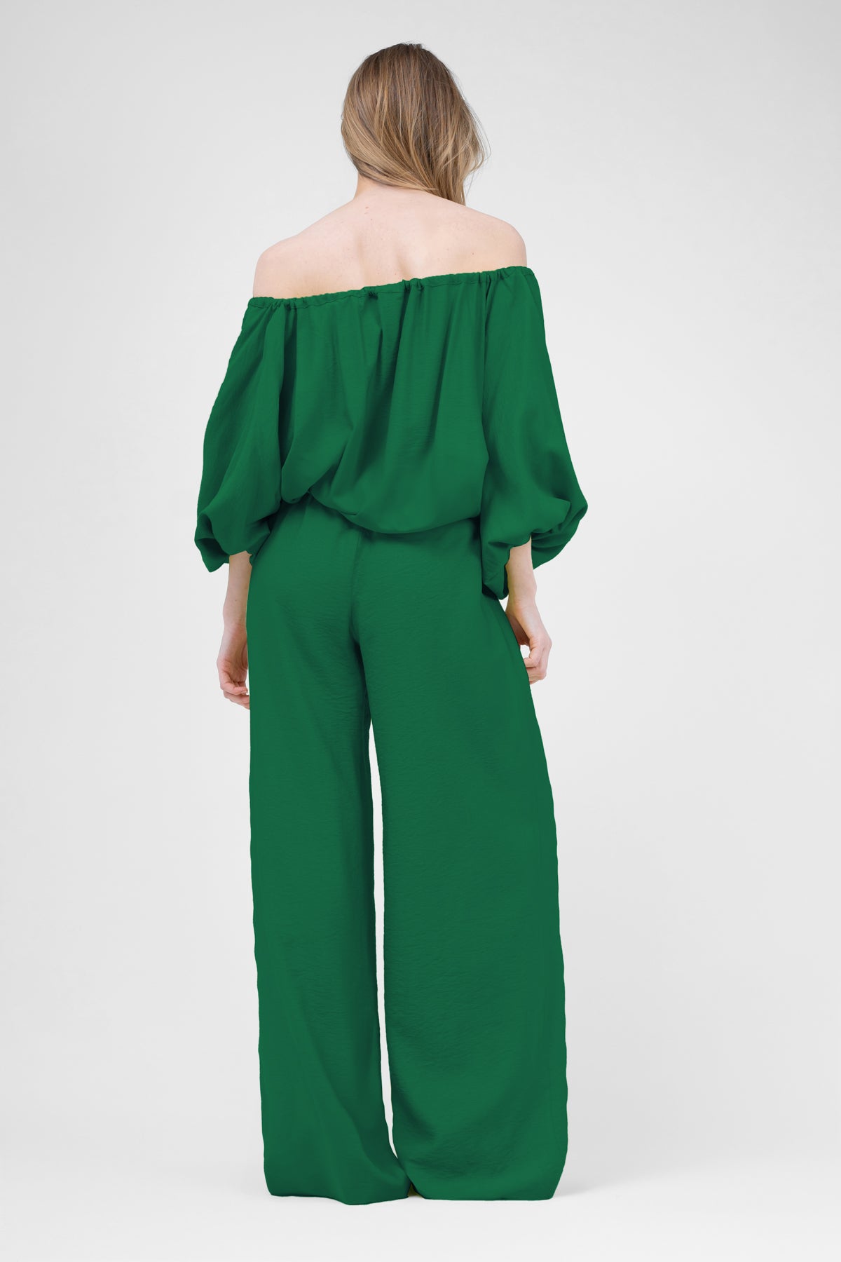 Green Linen matching set with flowy blouse and wide leg trousers