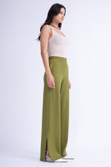 Ribbed Khaki Matching Set With Blouse And Trousers With Slit