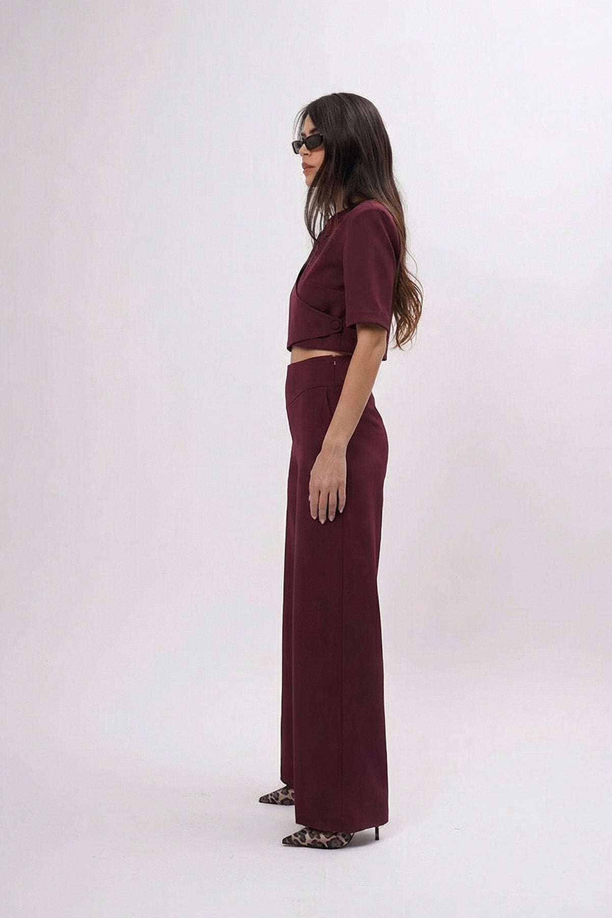 Burgundy Set With Cut-Out Top And Palazzo Pants