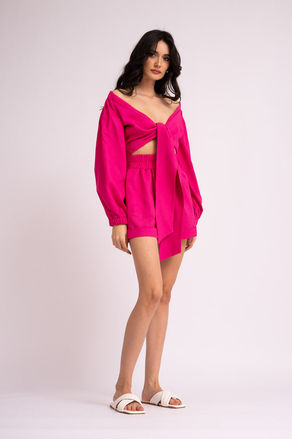 Linen neon pink set with top and shorts