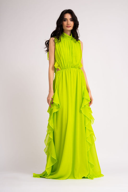 Rochie maxi din voal verde neon cu insertii metalice