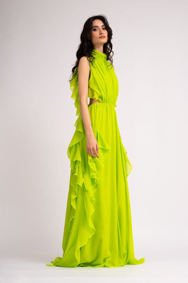 Neon metallic maxi flared dress