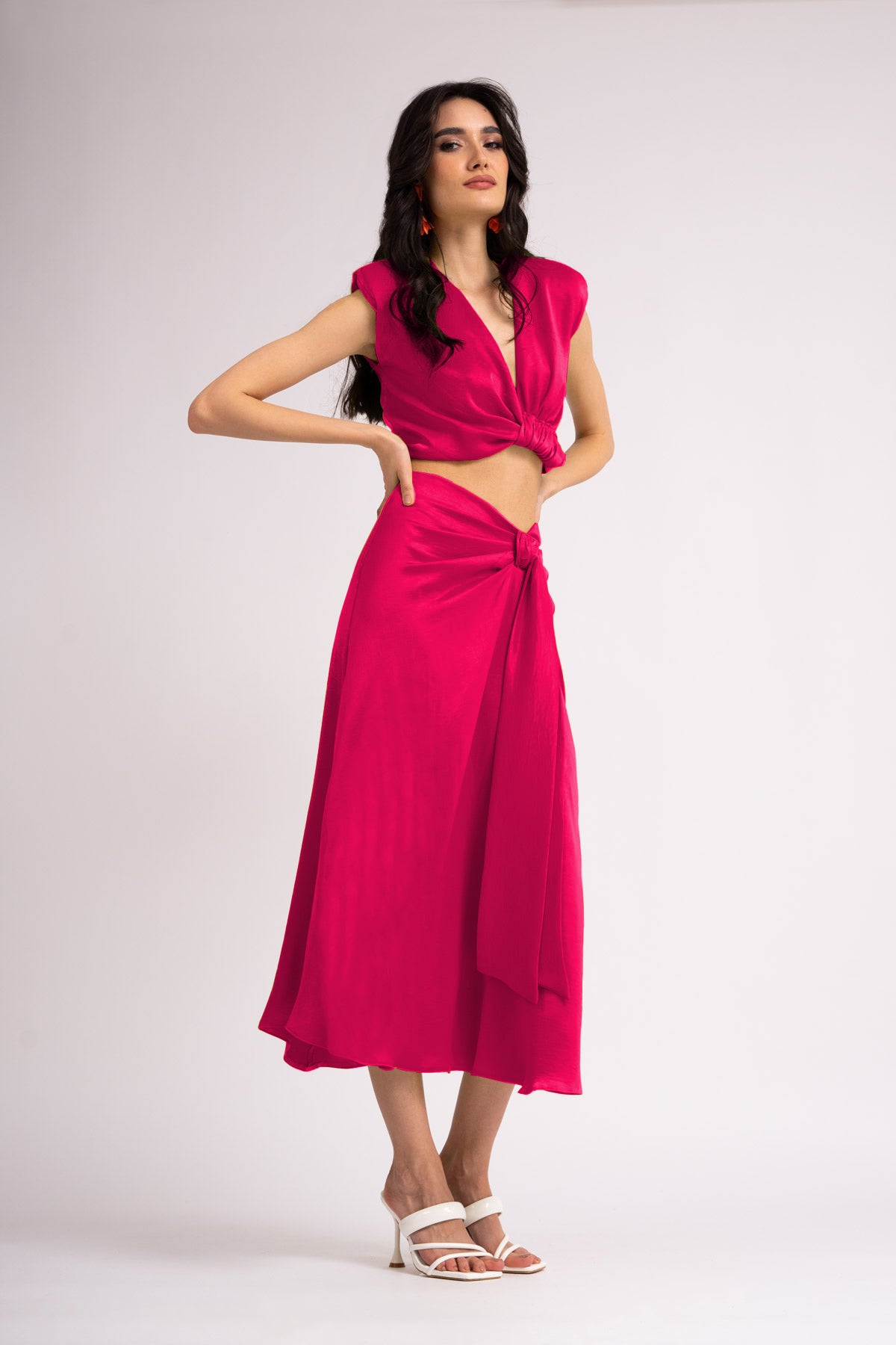 Set fuchsia cu top si fusta midi cu nod