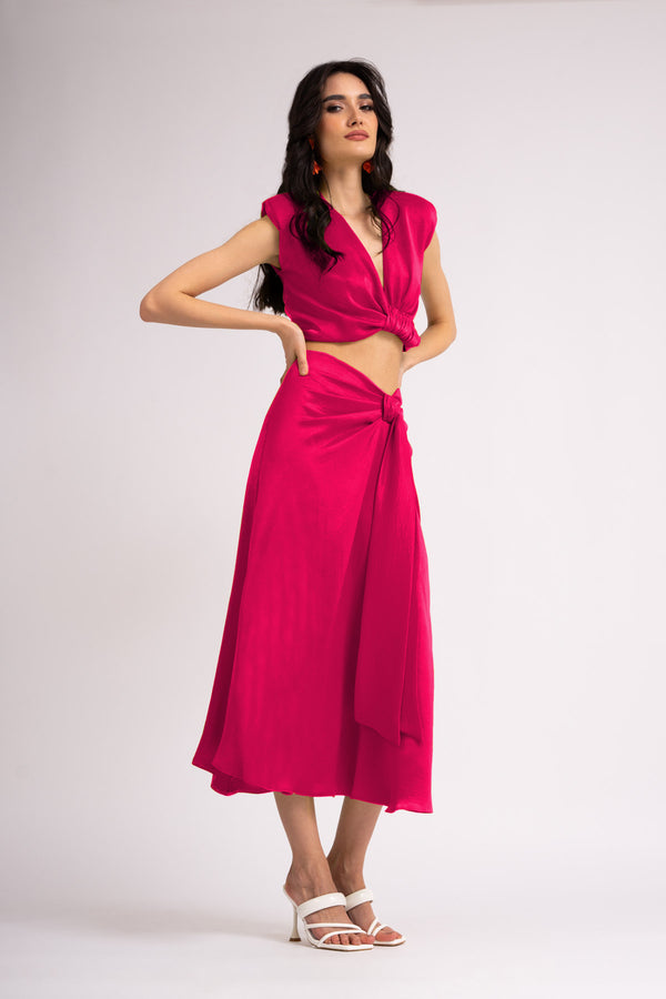 Fuchsia set with knotted top and midi skirt