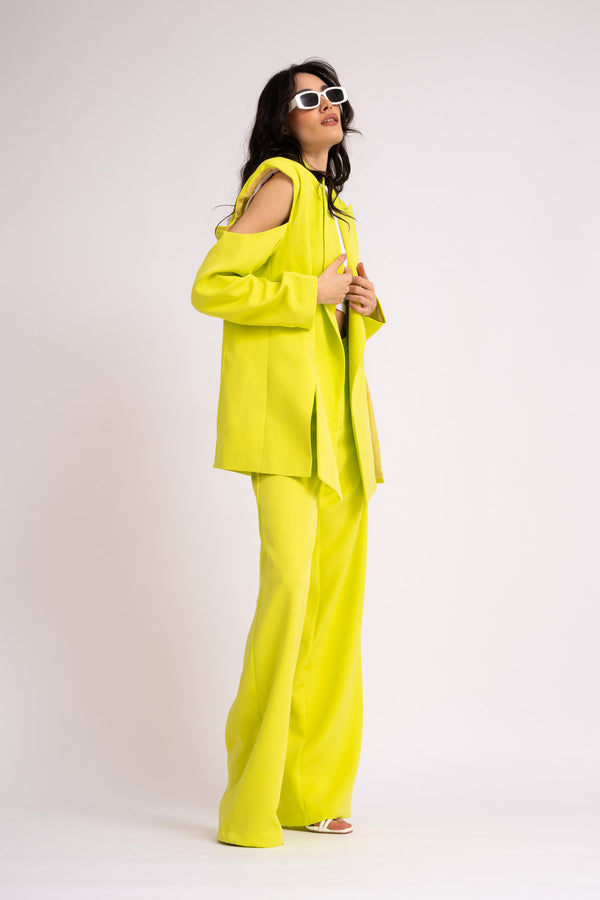 Lime suit with deconstructed shoulders blazer and wide leg trousers