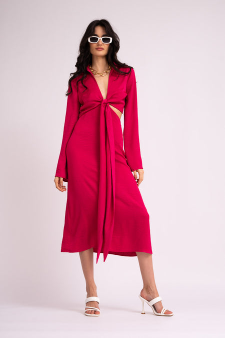 Rochie fuchsia midi cu maneca lunga si nod