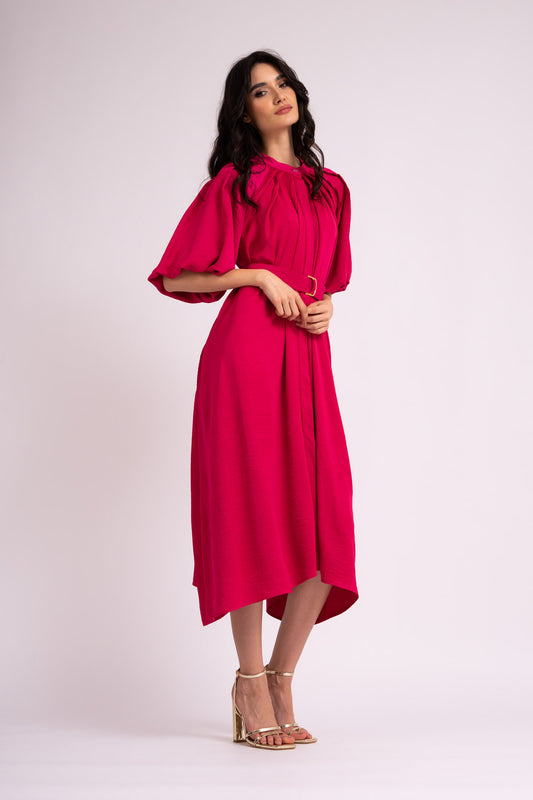 Fuchsia midi-jurk met raglanmouwen en plooien