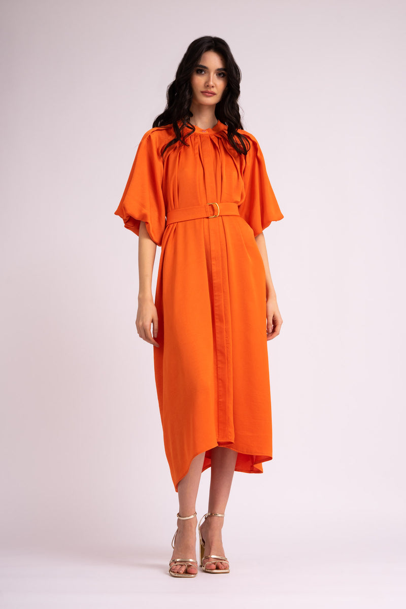 Orange midi dress with raglan sleeve and pleats