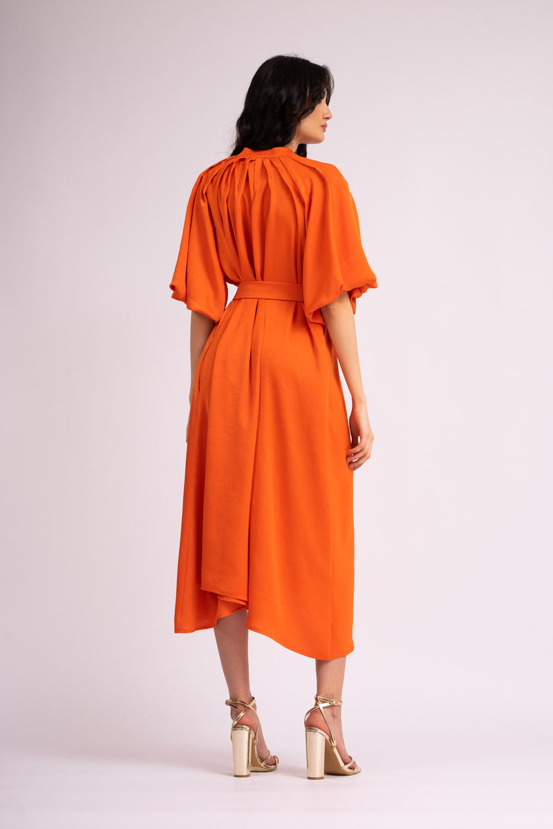 Orange midi dress with raglan sleeve and pleats