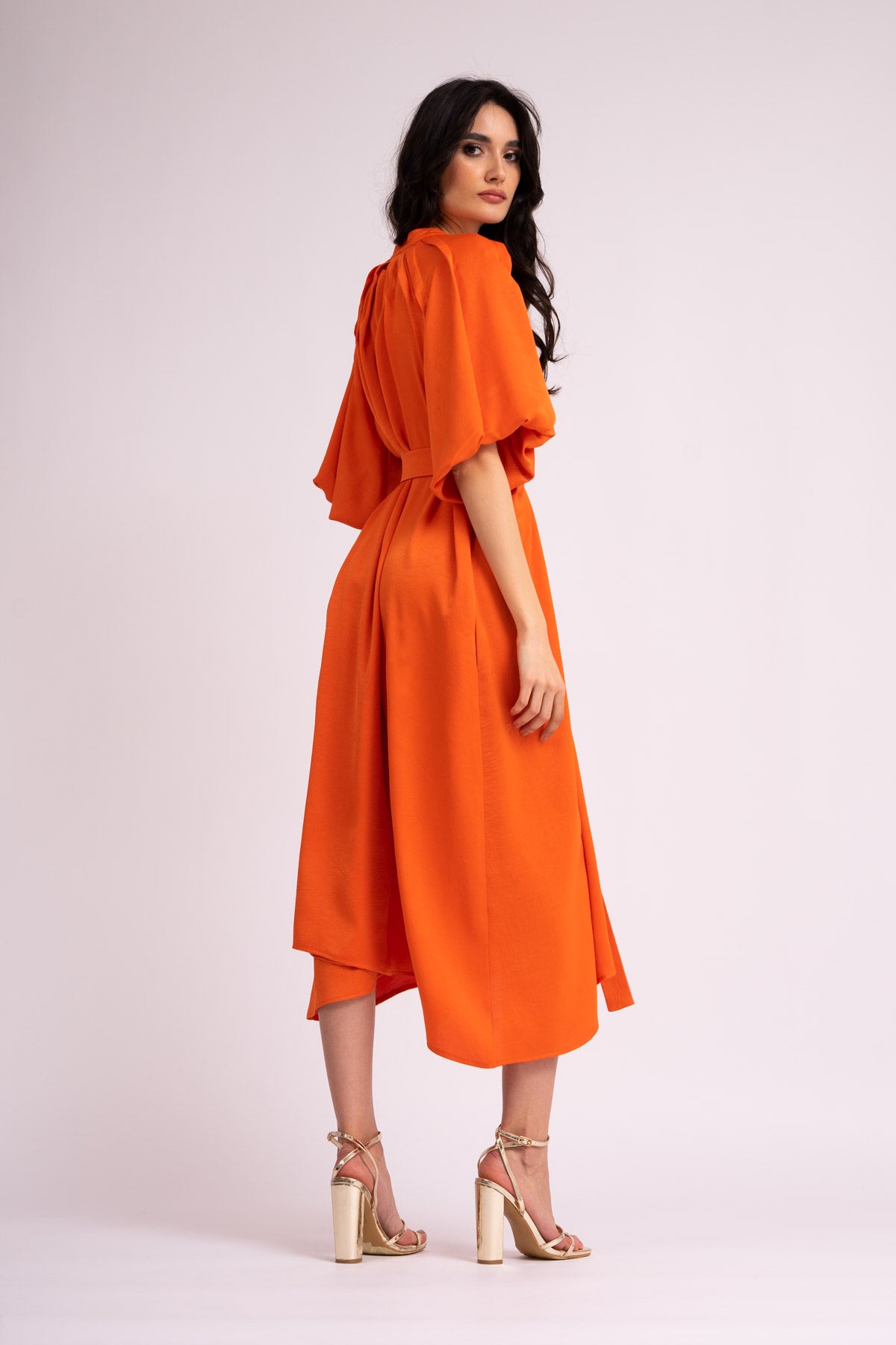 Orange midi dress with raglan sleeve and pleats