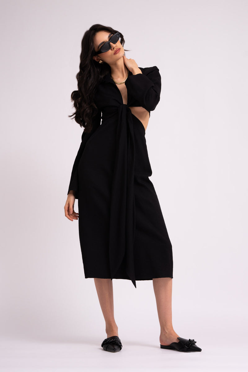 Midi black dress with knot