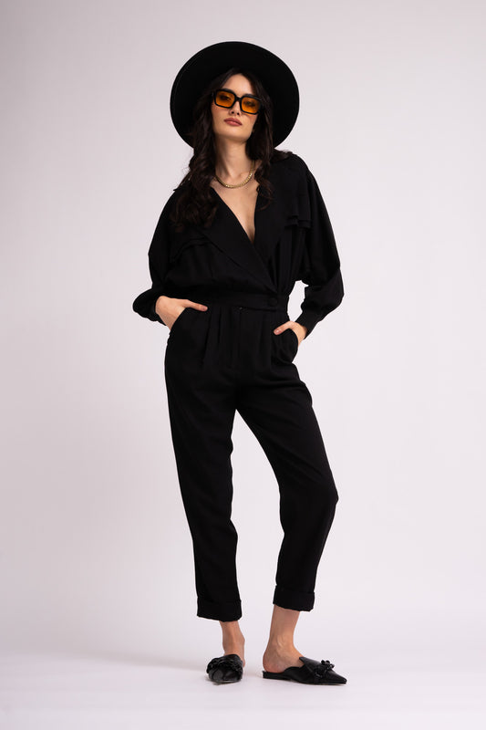 Black maxi jumpsuit with lapels