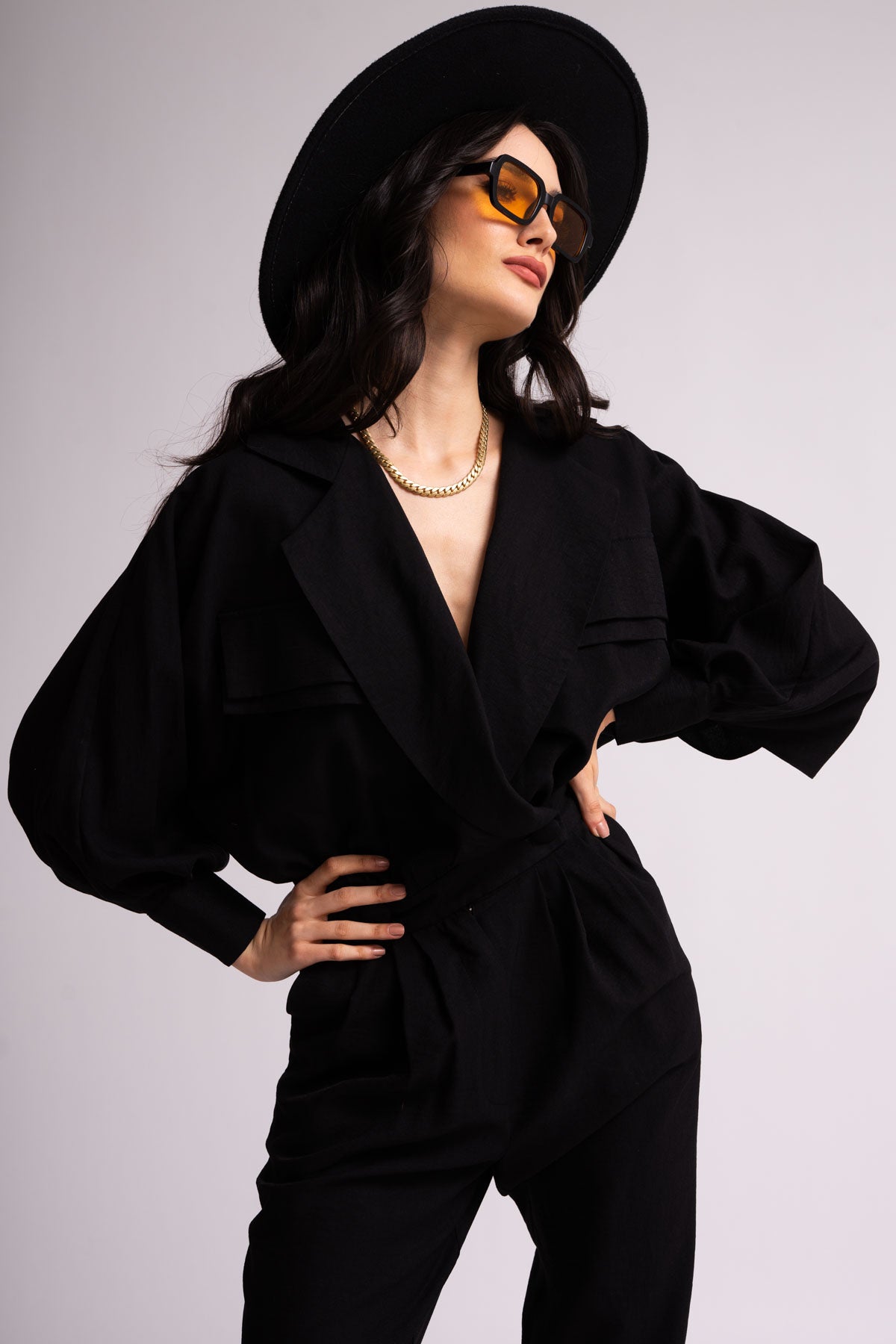 Black maxi jumpsuit with lapels