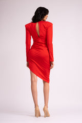 Red dress with knot and oversized shoulders